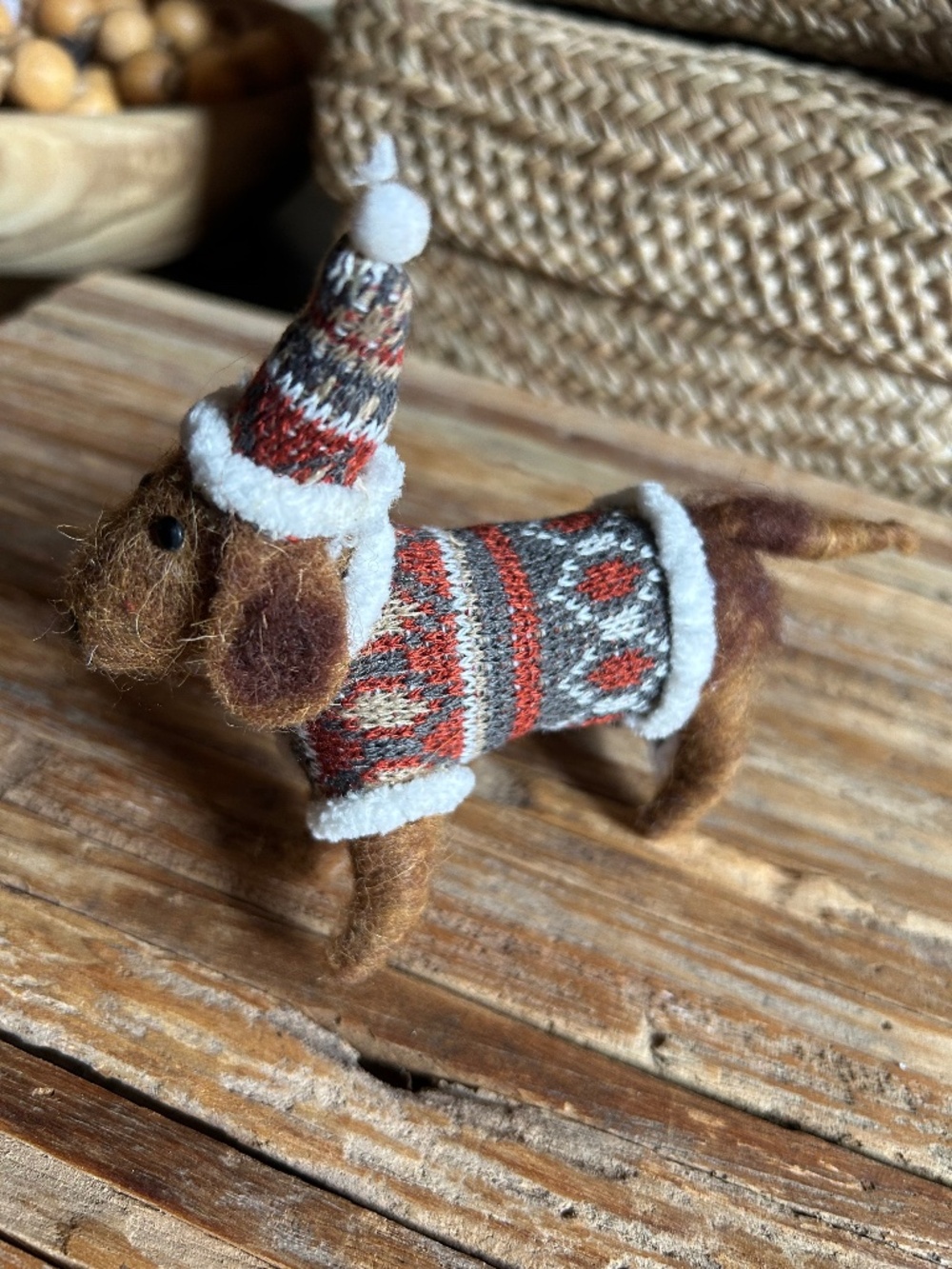 New felt wiener dog wearing a sweater holiday decor